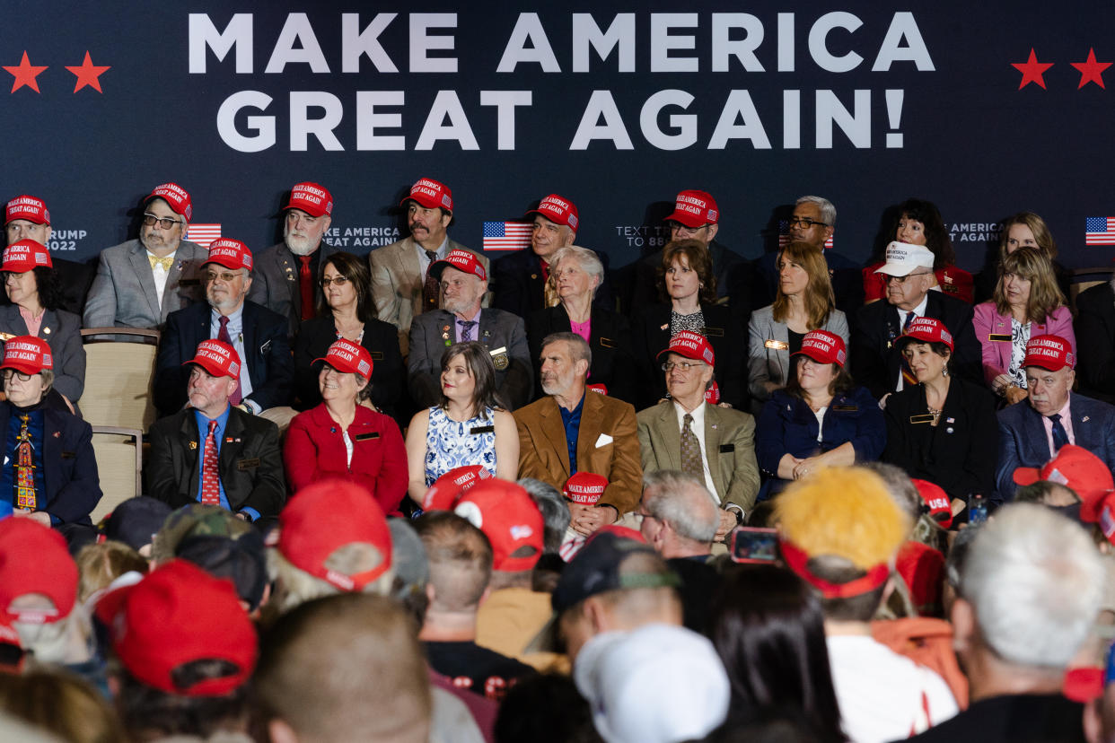 El expresidente Donald J. Trump lleva a cabo un mitin en la Erie Insurance Arena en Erie, Pensilvania, el 29 de julio de 2023. (Maddie McGarvey/The New York Times)
