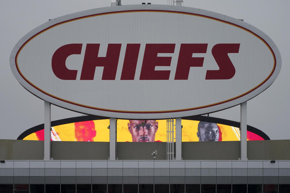 Kansas City Chiefs wide receiver Mecole Hardman is seen on the big screen at Arrowhead Stadium during NFL football training camp Saturday, Aug. 29, 2020, in Kansas City, Mo. The Chiefs opened the stadium to 5,000 season ticket holders to watch practice as the team plans to open the regular season with a reduced capacity of approximately 22 percent of normal attendance. (AP Photo/Charlie Riedel)