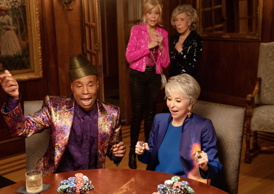 Billy Porter plays Gugu, Rita Moreno plays Maura, Jane Fonda plays Trish and Lily Tomlin plays Lou in 80 For Brady. (Scott Garfield / Paramount Pictures)