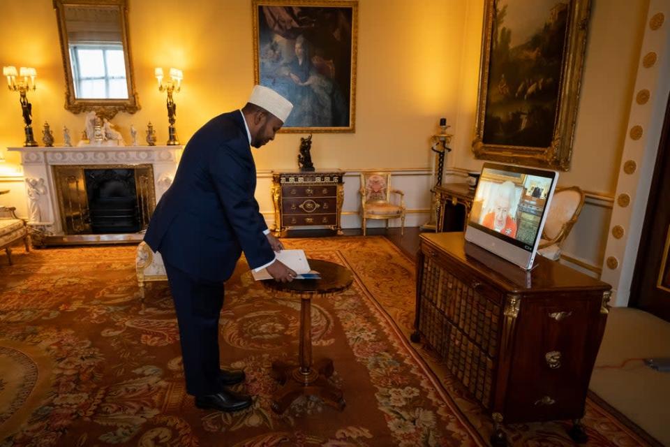 The Queen appears on a screen via video-link from Windsor Castle during a virtual audience with the Ambassador of Somalia, Abdulkadir Ahmed Kheyr Abdi (Aaron Chown/PA) (PA Wire)