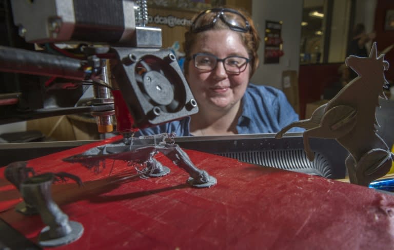 Kristen Merek watches a 3-D printer, the Printer Bot simple, compile a replica of the Wall Street bull, at TechShop in Arlington, Virginia