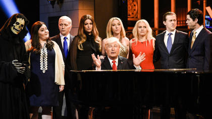 SATURDAY NIGHT LIVE -- "Dwayne Johnson" Episode 1725 -- Pictured: (l-r) advisor Steve Bannon, Aidy Bryant as Principal Deputy White House Press Secretary Sarah Huckabee Sanders, Beck Bennett as Vice President Pence, Cecily Strong as First Lady Melania Trump, Alec Baldwin as President Donald J. Trump, Scarlett Johansson as Ivanka Trump, Kate McKinnon as Counselor to the president Kellyanne Conway, Alex Moffat, Mikey Day in "Hallelujah Cold Open" in Studio 8H on May 20, 2017 -- (Photo by: Will Heath/NBC)