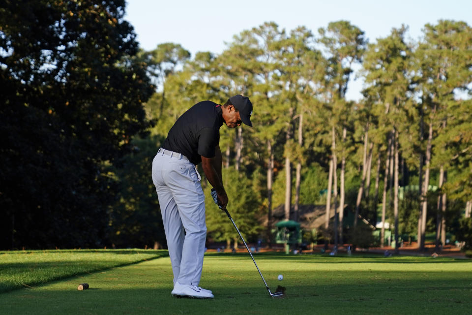 Tiger Woods hits on the sixth fairway during the second round of the Masters golf tournament Friday, Nov. 13, 2020, in Augusta, Ga. (AP Photo/Matt Slocum)
