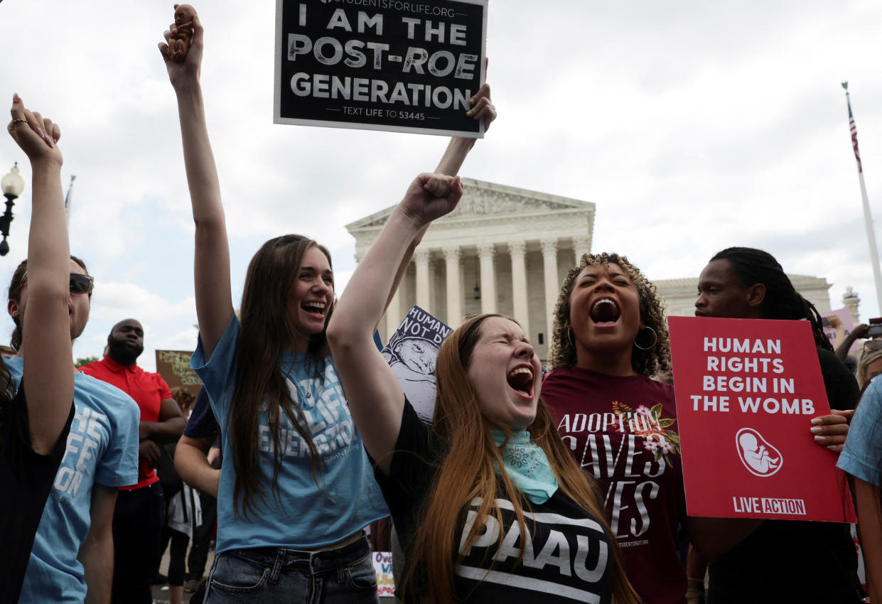 Anti-abortion demonstrators celebrate outside the Supreme Court.