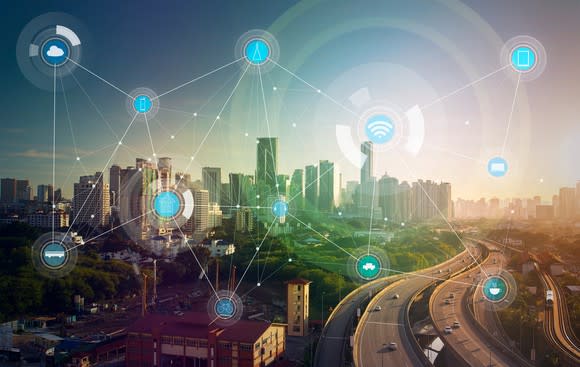 A smart city with multiple connected wireless devices.