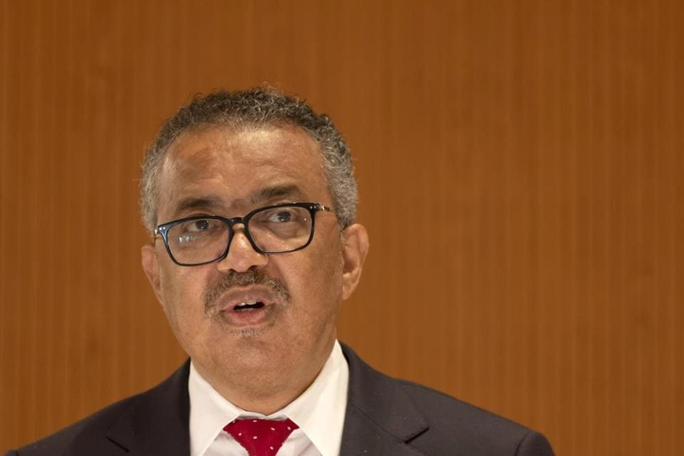 Director General of the World Health Organization (WHO) Tedros Adhanom Ghebreyesus addresses delegates during the first day of the 75th World Health Assembly at the European headquarters of the United Nations in Geneva, Switzerland, Sunday, May 22, 2022. (Salvatore Di Nolfi/Keystone via AP)