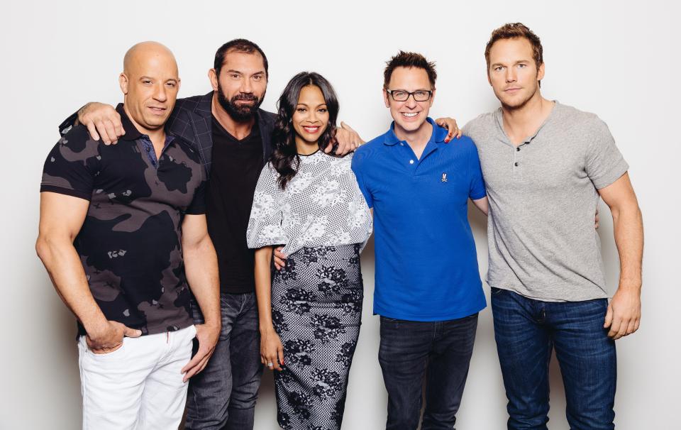 From left, Vin Diesel, Dave Bautista, Zoe Saldana, director James Gunn and Chris Pratt pose for promote "Guardians of the Galaxy" in 2014 at Disney Studios.