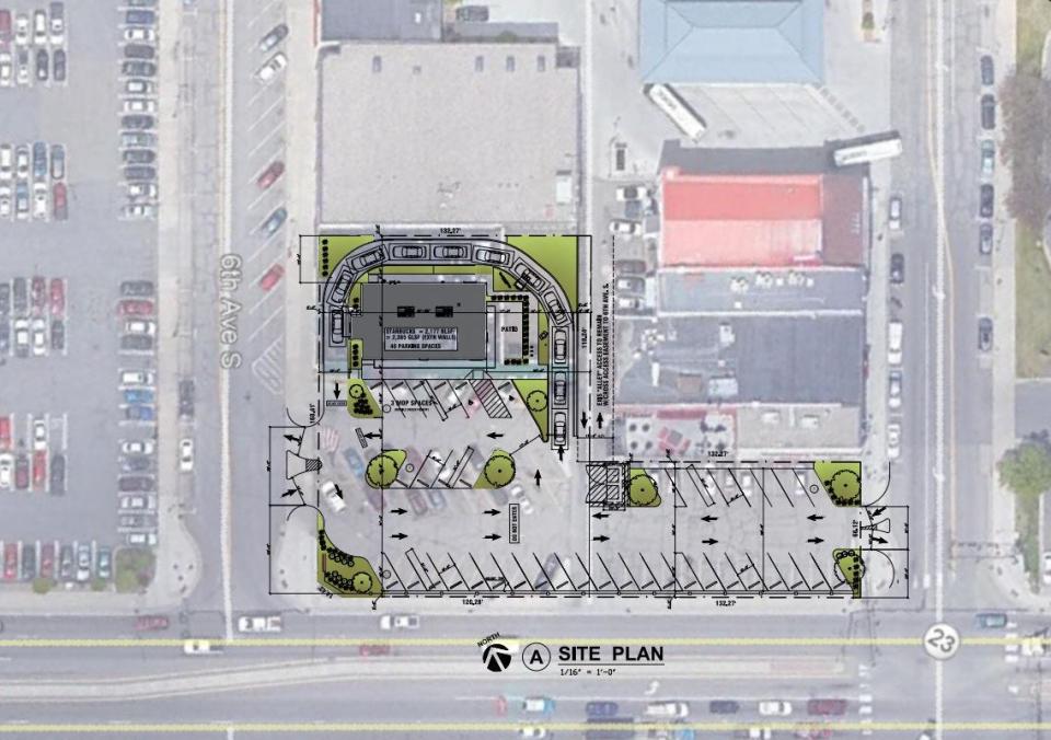 The site plan for a proposed Starbucks, planned for the location of a former downtown Perkins at 118 6th Ave. S.