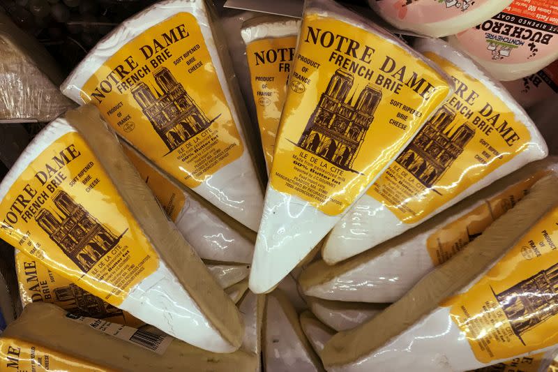 French cheese is displayed for sale at a grocery store in the Manhattan borough of New York City