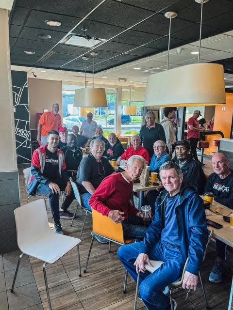 A group of former Bearcats gather each week for breakfast and conversation. On May 17 the attendees (from front and going left to right) were: Dick Bouldin, Bill Wolff, Fritz Meyer, current Bearcat basketball Chief of Staff Chris LePore, Roland West, John Snape, Greg Jurcisin, Dick Haucke, Frank Adkins, Ken Stigall, Charlie Black, Tay Baker, Steve Moeller, Claude Rost, George Wilson and Garry Kamstra.