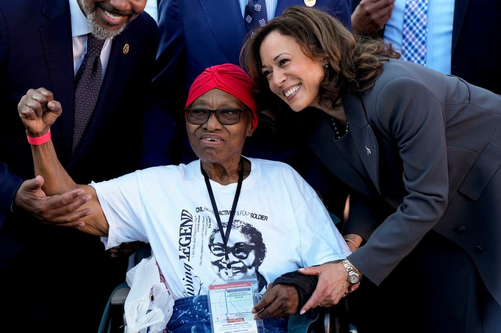 Annie Pearl Avery, left, poses for a photo with Vice President Kamala Harris on Sunday, March 3, 2024, before walking across the Edmund Pettus Bridge commemorating the 59th anniversary of the Bloody Sunday voting rights march in 1965, in Selma, Ala. (Photo by Mike Stewart/AP)