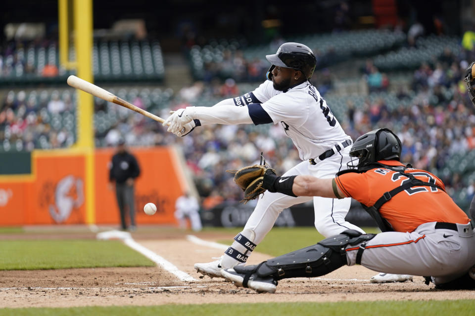 Detroit Tigers' Akil Baddoo singles against the Baltimore Orioles in the first inning during the first baseball game of a doubleheader, Saturday, April 29, 2023, in Detroit.