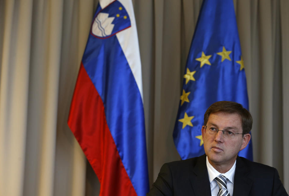 FILE - In this Monday, Nov. 28, 2016 file photo, former Slovenian prime minister and present foreign minister Miro Cerar speaks during an interview with the Associated Press, in Ljubljana, Slovenia. Cerar said in an interview with The Associated Press on Tuesday that there are some positive effects on the part of the European Union regarding Brexit because we in a way upheld our unity during this process, we showed that we are able to stand behind a small state, Ireland, to protect its interests. (AP Photo/Darko Vojinovic, File)