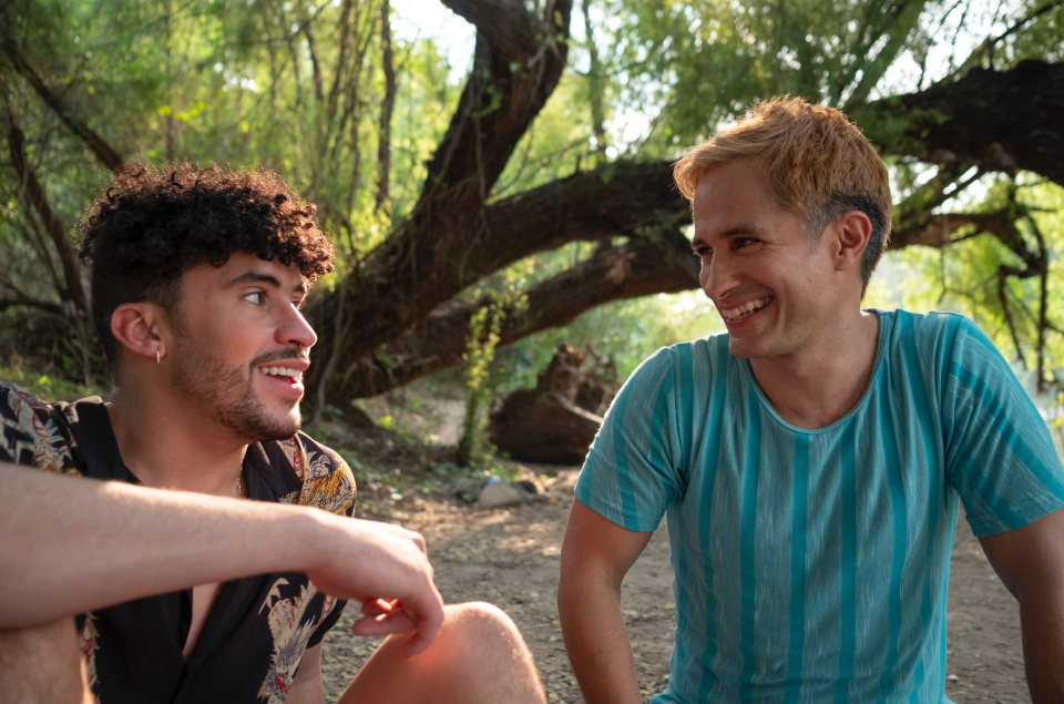 Felipe (Bad Bunny), left, and Armendáriz (Gael García Bernal) share a flirty banter throughout "Cassandro."