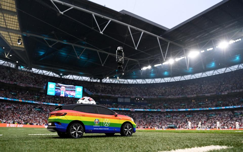 The Adidas Uniforia Match Ball is placed on the rainbow coloured Volkswagen Remote Control Mini Car prior to during the UEFA Euro 2020 Championship Final between Italy and England at Wembley Stadium on July 11, 2021 in London, England. ( - GETTY IMAGES