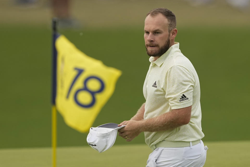 Tyrrell Hatton, of England, finishes his round on the 18th hole during the second round of the PGA Championship golf tournament at Southern Hills Country Club, Friday, May 20, 2022, in Tulsa, Okla. (AP Photo/Matt York)