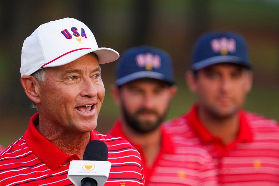 Sep 25, 2022; Charlotte, North Carolina, USA; Team USA captain Davis Love III speaks during the singles match play of the Presidents Cup golf tournament at Quail Hollow Club. Mandatory Credit: Peter Casey-USA TODAY Sports