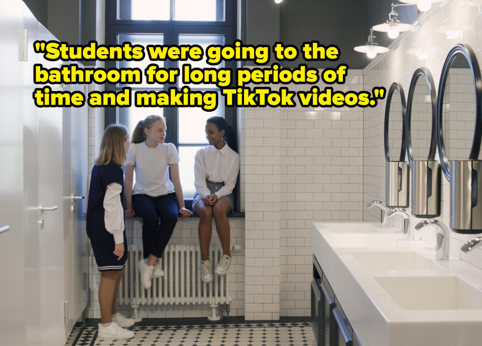 Young girls in school bathroom with caption "Students were going to the bathroom for long periods of time and making TikTok videos"