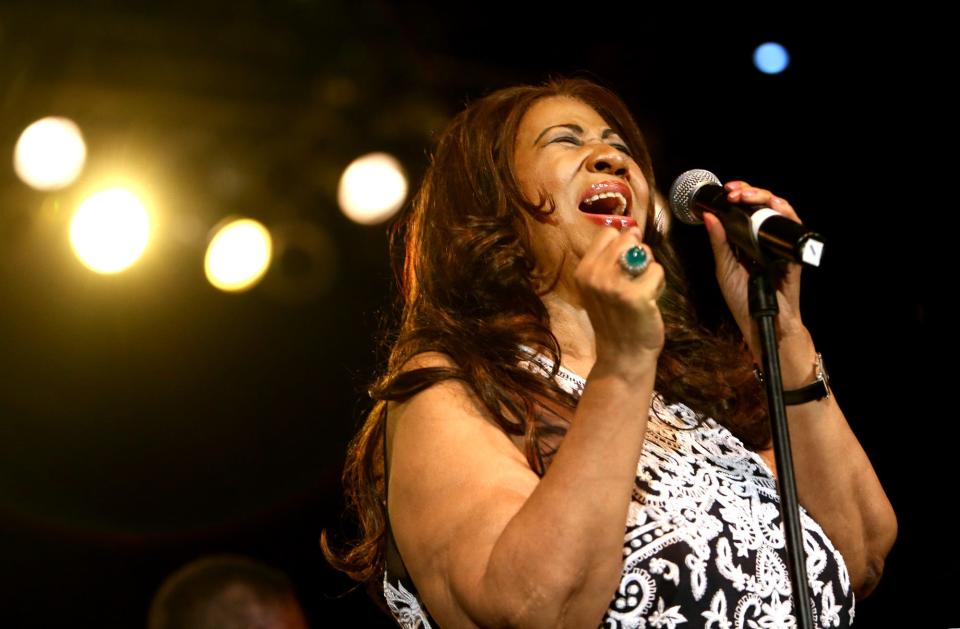Aretha Franklin performs during a concert at the Ohio State Fair in 2014.