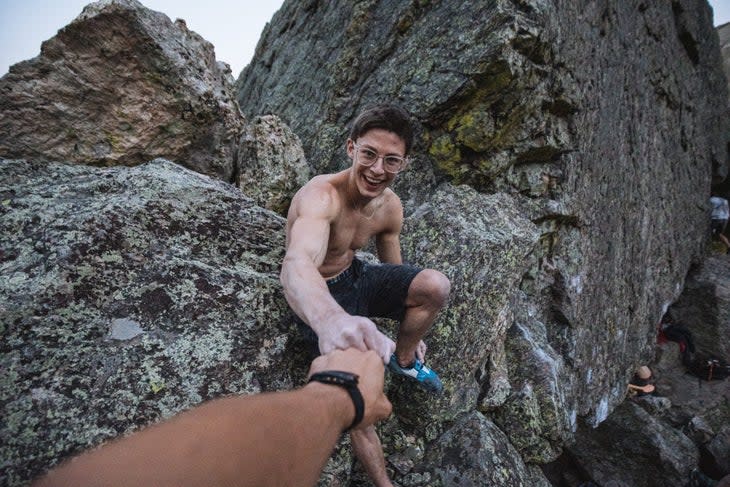 <span class="article__caption">Some fist bumping is in order: Ruana after finishing Daniel Woods’s <em>Creature from the Black Lagoon</em> (V16) in Rocky Mountain National Park.</span> (Photo: Alton Richardson)