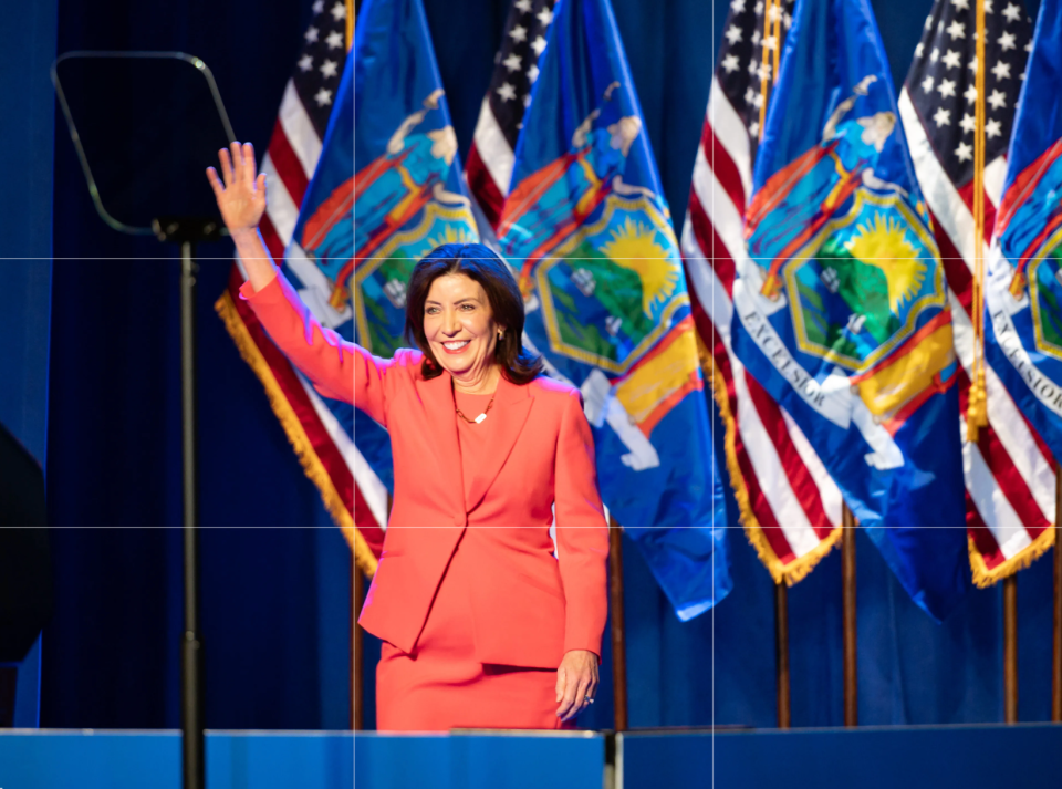 Gov. Kathy Hochul waves to the crowd at the Milton J. Rubenstein Museum of Science & Technology in Syracuse on April 25, 2024.