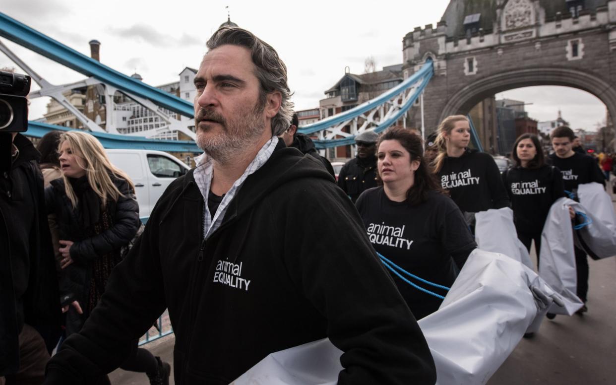 Joaquin Phoenix joined Animal Equality on Tower Bridge in London ahead of the BAFTA awards ceremony - Animal Equality/MEGA