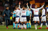 Soccer Football - Champions League - Group Stage - Group B - FC Barcelona v Tottenham Hotspur - Camp Nou, Barcelona, Spain - December 11, 2018 Tottenham's Lucas Moura and Erik Lamela celebrate after the match Action Images via Reuters/Paul Childs