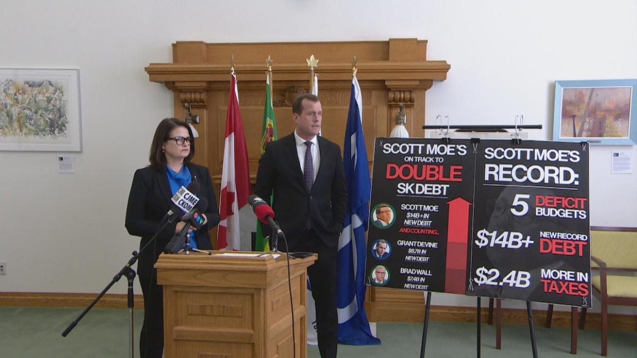 The Saskatchewan NDP focused squarely on the province's debt Monday, two days before the provicnial government is slated to table its annual budget. (CBC News - image credit)