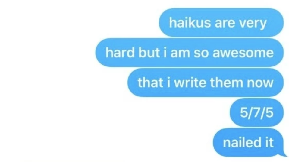 "haikus are very hard but i am so awesome that i write them now 5/7/5 nailed it"