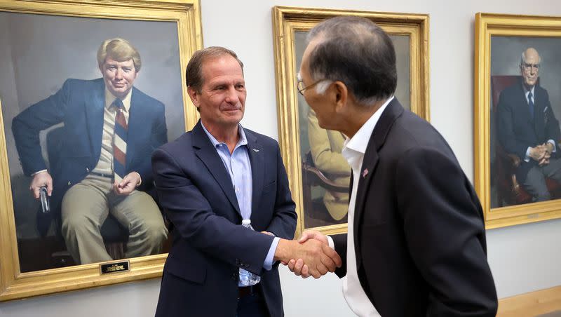 Rep. Chris Stewart, R-Utah, shakes hands with Brian Shiozawa, University of Utah Health associate vice president of health policy, during Sutherland Institute’s 2023 Congressional Series at the Hinckley Institute of Politics at the University of Utah in Salt Lake City on Thursday, Aug. 3, 2023.