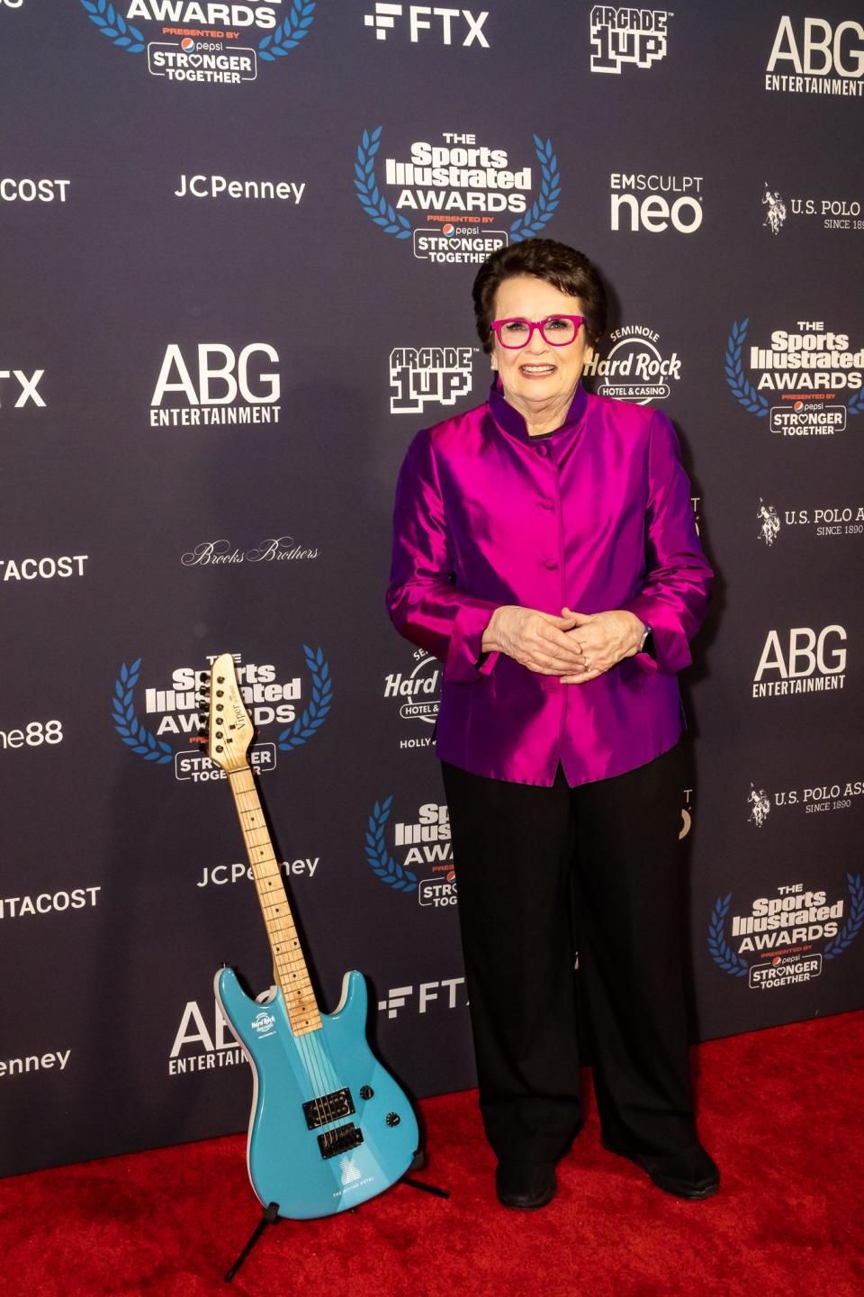 Tennis legend Billie Jean King (right) poses at the Sports Illustrated Awards at Seminole Hard Rock Hotel & Casino in Hollywood on Dec. 7, 2021. King won the Muhammad Ali Legacy Award for her career influential achievements.