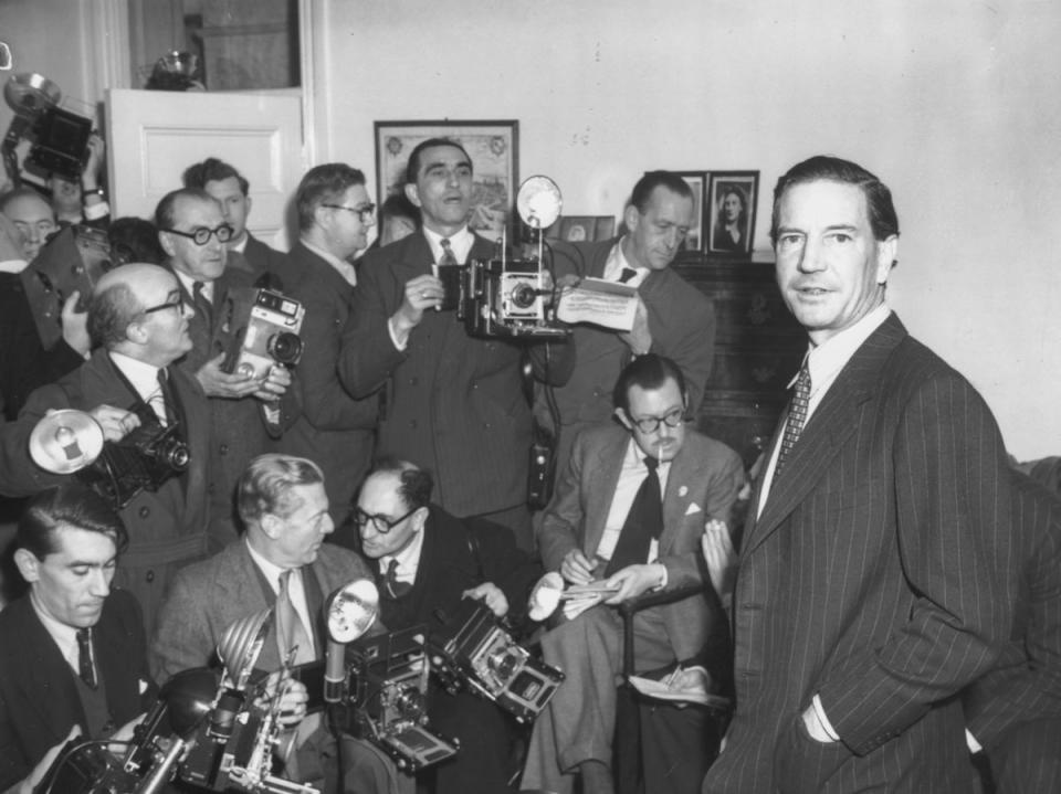 Philby (right) at a London press conference held in response to his involvement with Burgess and McLean, 8 November 1955 (Getty)