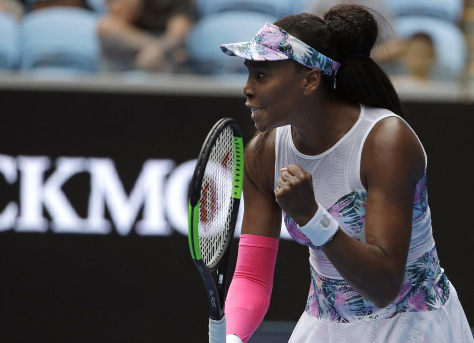 United States' Venus Williams reacts after winning a point against Romania's Mihaela Buzarnescu in their first round match at the Australian Open tennis championships in Melbourne, Australia, Tuesday, Jan. 15, 2019. (AP Photo/Mark Schiefelbein)