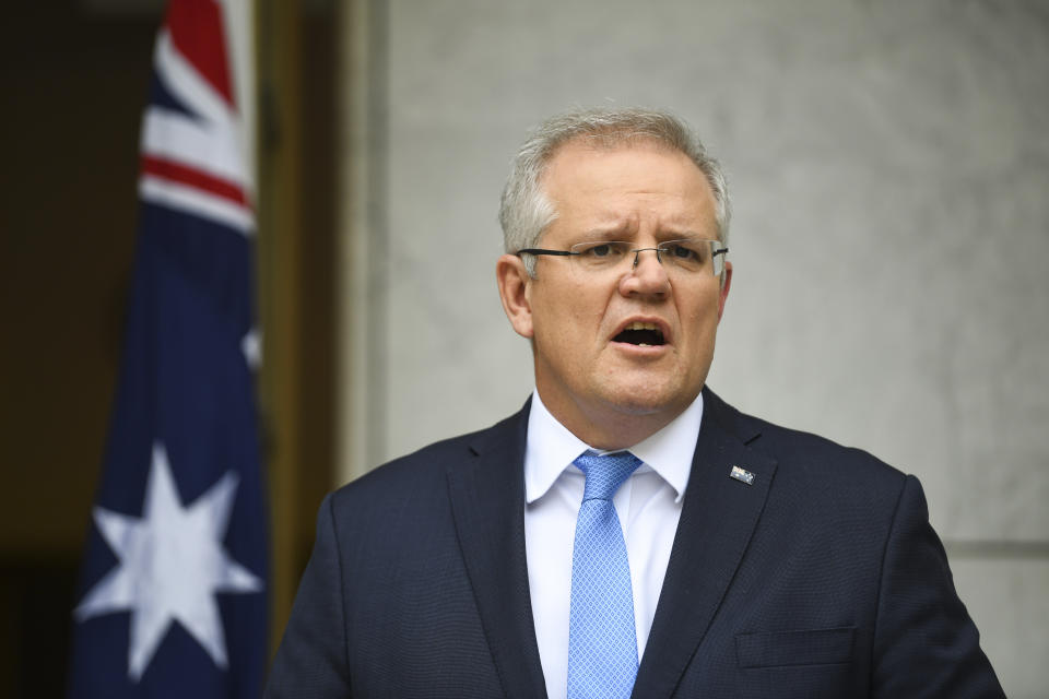 Pictured is Prime Minister Scott Morrison addressing reporters in Canberra. 
