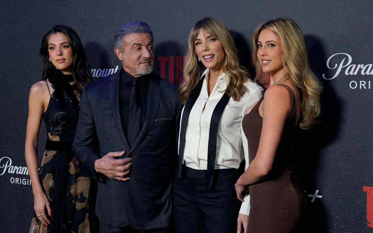 Sylvester Stallone with his wife, Jennifer Flavin, and daughters, Sophia (L), and Sistine (R) at the premiere of Paramount+ series Tulsa King in New York