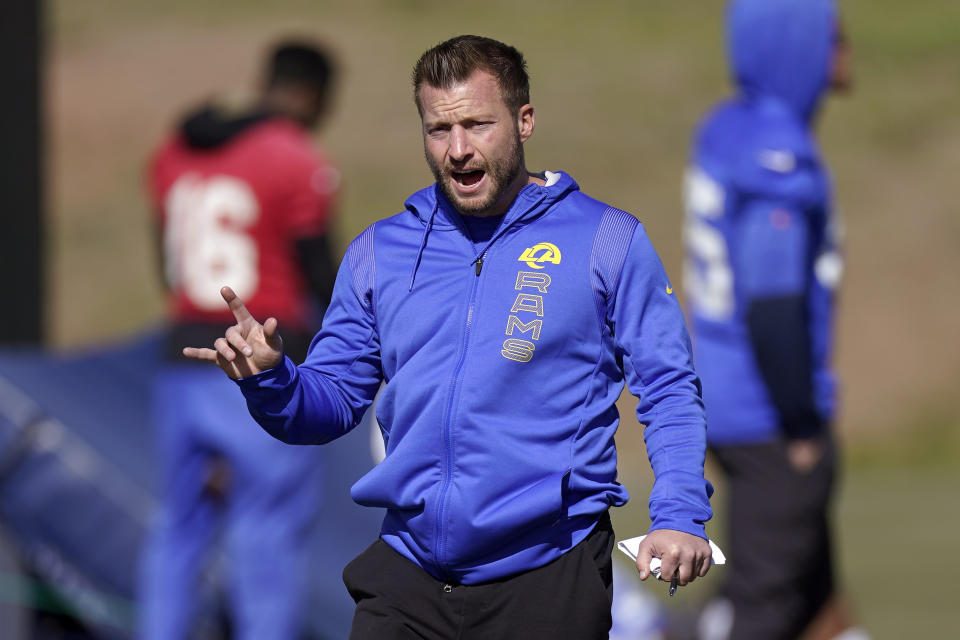 Los Angeles Rams head coach Sean McVay gestures during an NFL football practice Friday, Jan. 28, 2022, in Thousand Oaks, Calif., ahead of their NFC championship game against the San Francisco 49ers on Sunday. (AP Photo/Mark J. Terrill)
