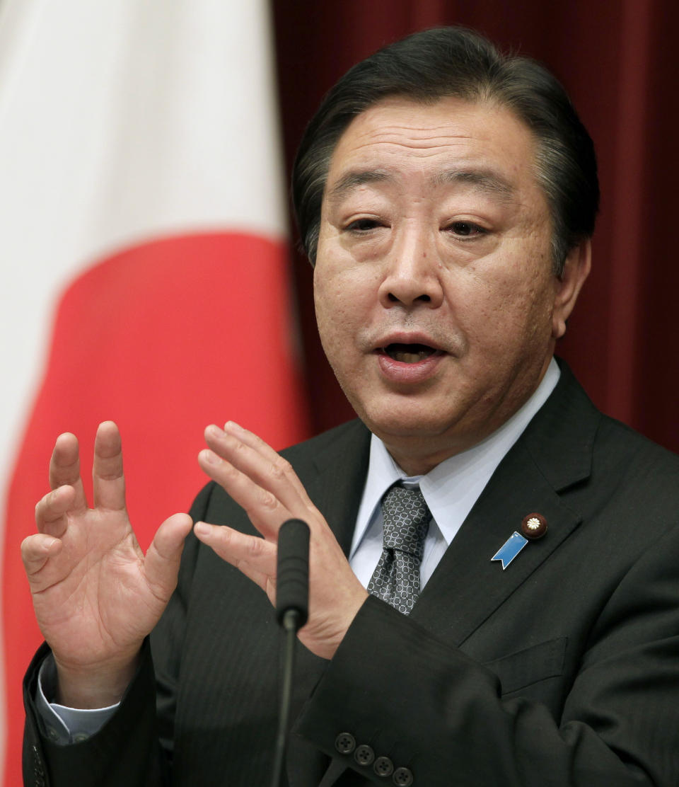 Japan's Prime Minister Yoshihiko Noda speaks during a press conference at his official residence in Tokyo, Friday, March 30, 2012. Japanese Prime Minister Noda vowed to stake his political career to achieve the sales tax increase Friday as his Cabinet endorsed a legislation to help counter the country's fiscal deficit. (AP Photo/Shizuo Kambayashi)