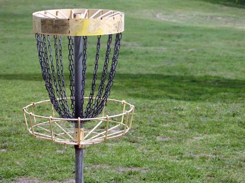 A disc golf hole in front of green grass and trees