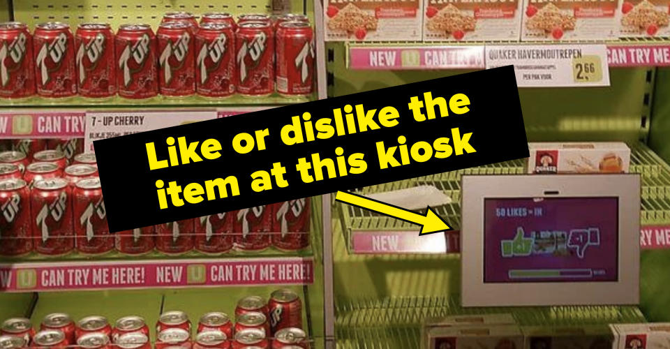 Shelves stocked with 7-UP Cherry cans and promotional display with screen showing social media 'likes'