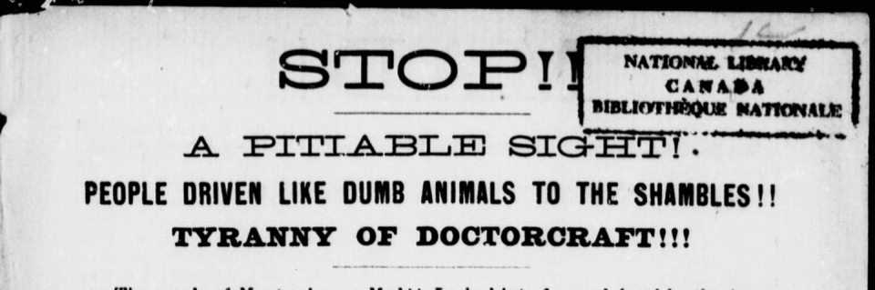 Bold face, all caps and eight exclamation points: 'Stop!! A pitiable sight! People driven like dumb animals to the shambles!! Tyranny of doctorcraft!!!!'