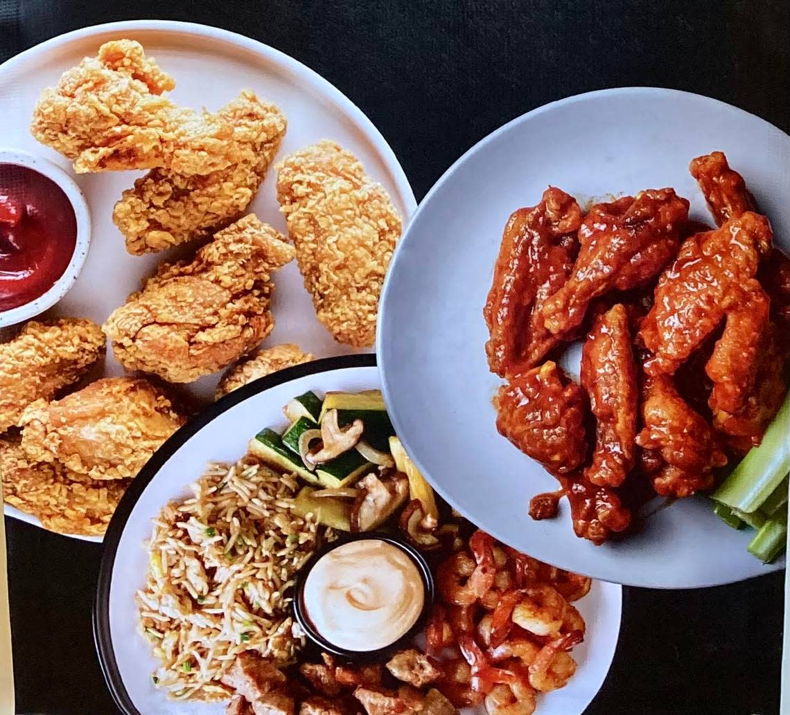 K-Daak, new restaurant at the former Zaxby’s location on Northside Drive, offers Korean-style chicken and hibachi as well as American-style wings with the same recipe as ATown Wings that first opened in Atlanta in 2008. Photos captured from a restaurant banner about online ordering.