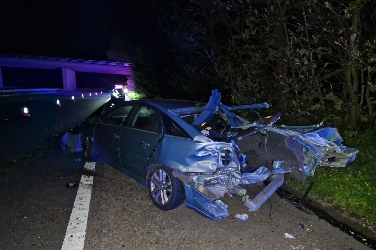 This Vauxhall Vectra was struck by a coach on the M6 near Lancaster <i>(Image: Lancs Road Police/X)</i>