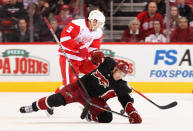 GLENDALE, AZ - JANUARY 19: Ray Whitney #13 of the Phoenix Coyotes falls to the ice under pressure from Nicklas Lidstrom #5 of the Detroit Red Wings during the NHL game at Jobing.com Arena on January 19, 2011 in Glendale, Arizona. The Red Wings defeated the Coyotes 3-2 in an overtime shoot out. (Photo by Christian Petersen/Getty Images)