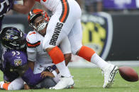 <p>Outside linebacker Terrell Suggs #55 of the Baltimore Ravens tackles quarterback DeShone Kizer #7 of the Cleveland Browns in the first quarter at M&T Bank Stadium on September 17, 2017 in Baltimore, Maryland. (Photo by Patrick Smith/Getty Images) </p>