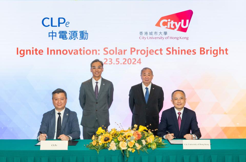 CLP�� Head of Building Energy Management Mr Frederick Wong (first left), and Associate Vice-President (Campus Development, Facilities and Sustainability) and Chief of Campus Development, Facilities and Sustainability of City University of Hong Kong Professor Thomas Ng (first right) sign an agreement to jointly install a solar power system across the CityUHK campus to accelerate decarbonisation, witnessed by CLP�� Managing Director Mr Ringo Ng (second left) and President of City University of Hong Kong Professor Freddy Boey (second right).