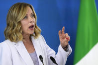 Italian Prime Minister Giorgia Meloni speaks during a final media conference at the G7 in Borgo Egnazia, near Bari in southern Italy, Saturday, June 15, 2024. (AP Photo/Domenico Stinellis)