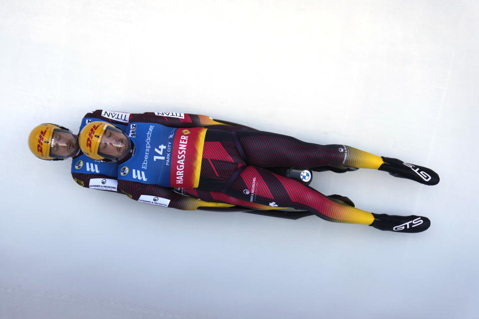 Germany's Tobias Wendl and Tobias Arlt compete in the men's doubles at a World Cup luge event Friday, Dec. 16, 2022, in Park City, Utah. (AP Photo/Rick Bowmer)