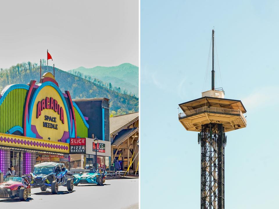 Left: A sunny street with a multicolor building and cars on the left. The sky behind is clear and blue Right: The top of a space needle with blue skies behind it