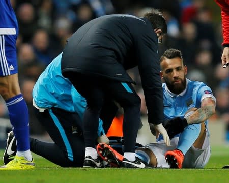 Football Soccer - Manchester City v Dynamo Kiev - UEFA Champions League Round of 16 Second Leg - Etihad Stadium, Manchester, England - 15/3/16 Manchester City's Nicolas Otamendi receives treatment after sustaining an injury Action Images via Reuters / Jason Cairnduff Livepic