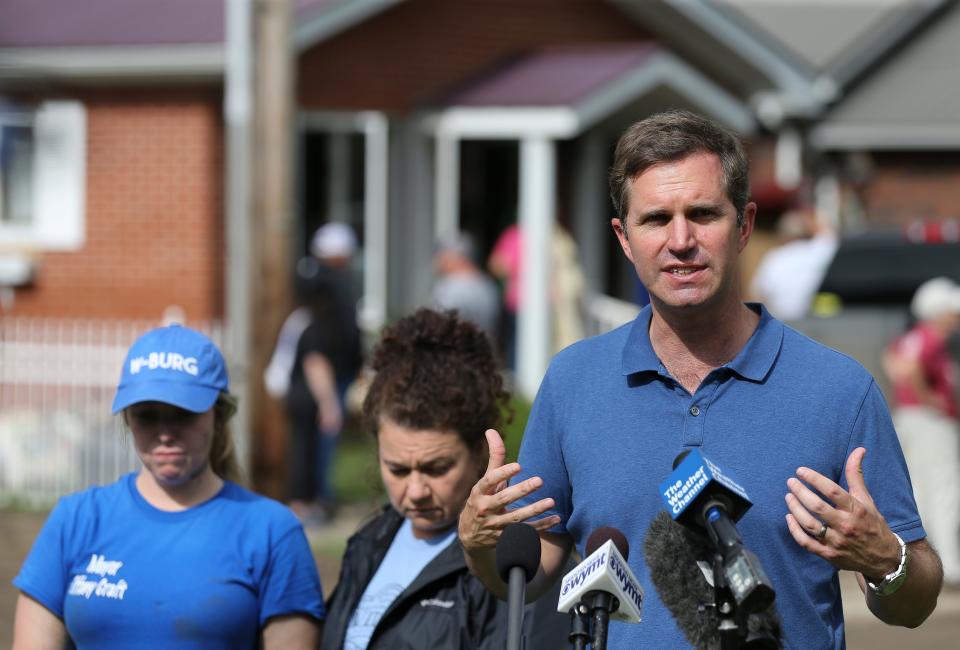 Gov. Andy Beshear addresses a crowd in Whitesburg, Kentucky on July 31, 2022. The region was devastated by flooding, with more than 40 people killed.